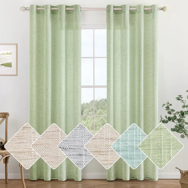 Ibenzoa Moderne Groene Linnenlook Gordijnen met Ingestanste Ringen voor Diverse Kamers, Set van 2, 140 x 225 cm