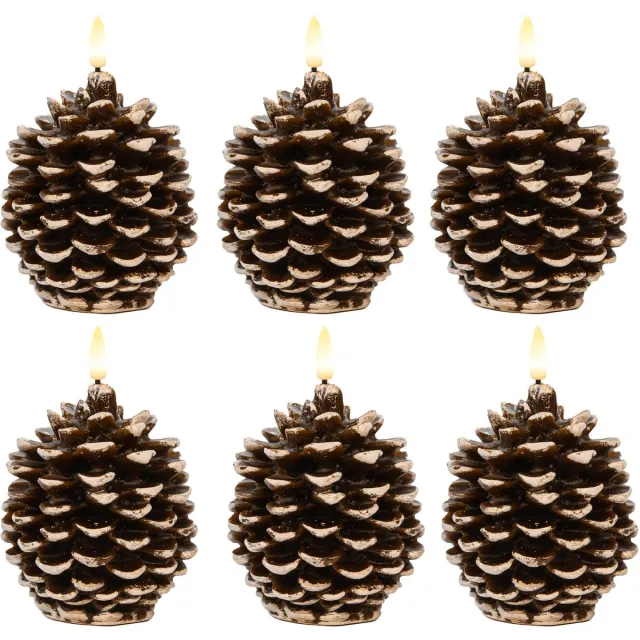 Anna's Collection LED dennenappel kaars - 6x - bruin - 10 x 8.5 cm - met timer