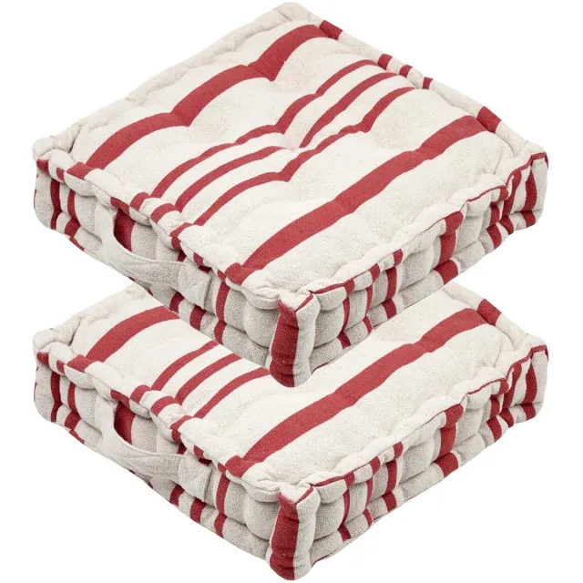 Stof Textile Vloerkussen Beach - 2x - creme wit/steenrood - katoen - 45 x 45 x 10 cm - Extra dik - extra zitplaatsen - spelen - gamen - relaxen