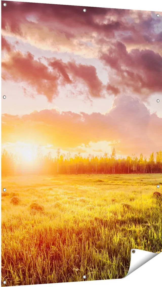 Gards Tuinposter Zonsopkomst in het Veld - 100x150 cm - Tuindoek - Tuindecoratie - Wanddecoratie buiten - Tuinschilderij Multikleur