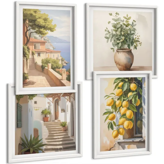 Coloray 4-Delige Schilderij Set - Bloemen In Een Vaas Met Uitzicht Op Zee En Citroenen - 40 x 40 En 40 x 60 - Schilderijen Set - Wanddecoratie - Woonkamer - Decoratieve Schilderijen Witte lijst