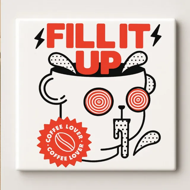 Nevolis Fill It Up Koffieliefhebber Tegel – 15x15 cm Grappige Keramische Wandtegel – Moderne Keukendecoratie Cadeau voor Cafeïnefans Multi Color
