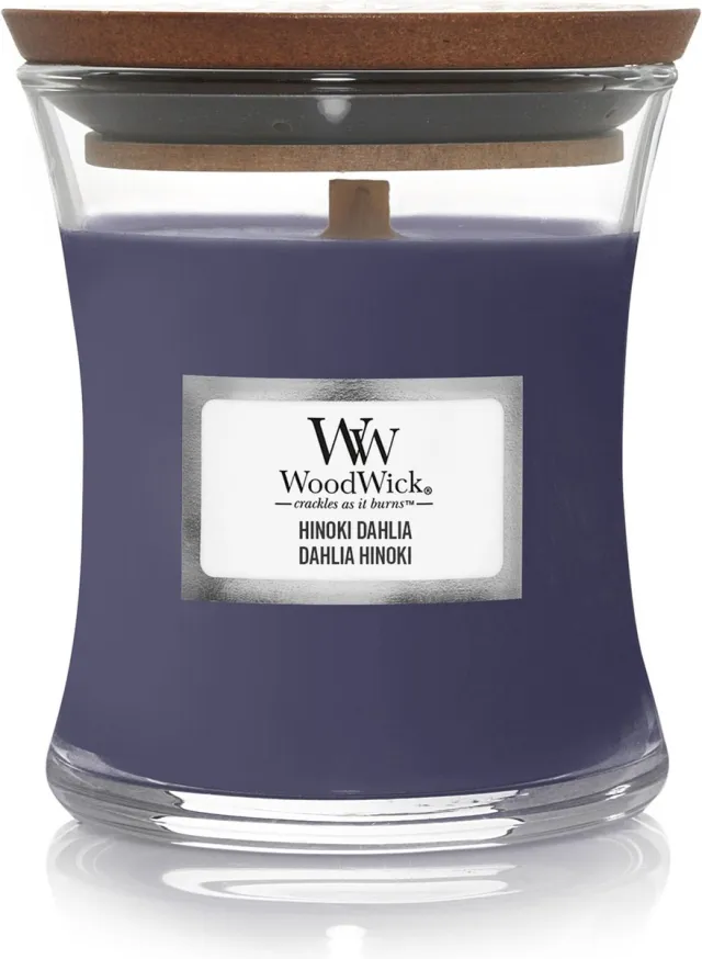 Woodwick Geurkaars Mini Candle - Hinoki Dahlia - 20 branduren - 85gr - 8 cm / ø 7 cm Paars