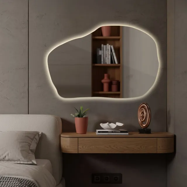 Coloray Wandspiegel LED - Grote Organische Woonkamer Spiegel LED - 90 cm x 58,5 cm - Spiegel Organisch Met Licht - Grote Organische Spiegel Woonkamer LED - Warm Licht - LED Spiegel Organische Vorm - Minimalistisch LED Spiegel Warm Wit