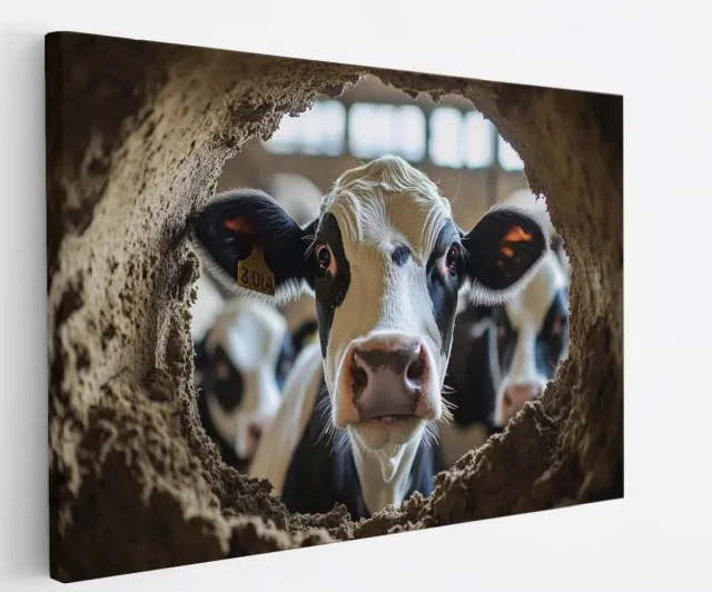 Saammp Canvas Schilderij - Glurende koe - Doorkijk - Dieren - nederland - 40x30 - Foto op canvas - Wanddecoratie - Muurdecoratie Woonkamer - Slaapkamer decoratie - Canvas Print Multicolor