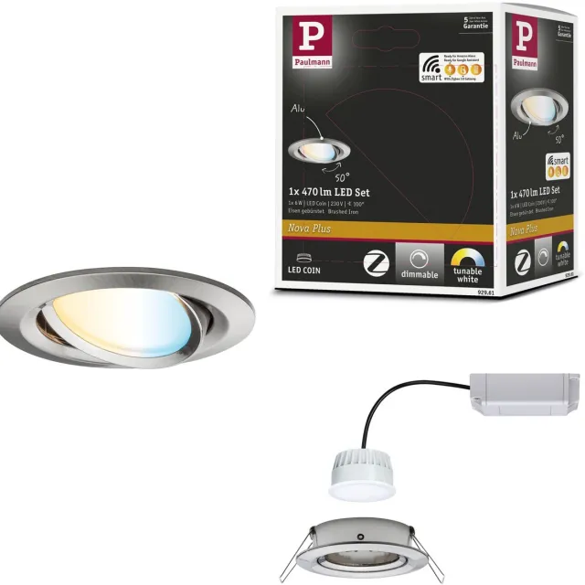 Paulmann LED-inbouwlamp Smart Home Zigbee 3.0 Nova Plus Coin zwenkbaar rond 84 mm 50° Coin 5,2W 400lm 230V dimbaar RGBW+ Staal geborsteld