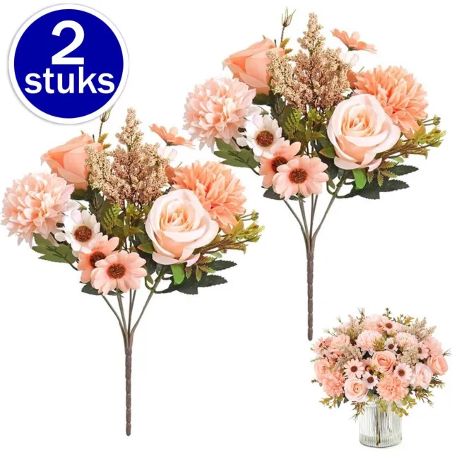 Flintry 2 Bundels Kunstbloemen Zoals Echt – Zijden Kunstbloemen – Champagne – Kunstrozen, Pioenrozen, Nep Boeket Voor Bruiloft, Feest, Thuis, Keuken, Decoratie