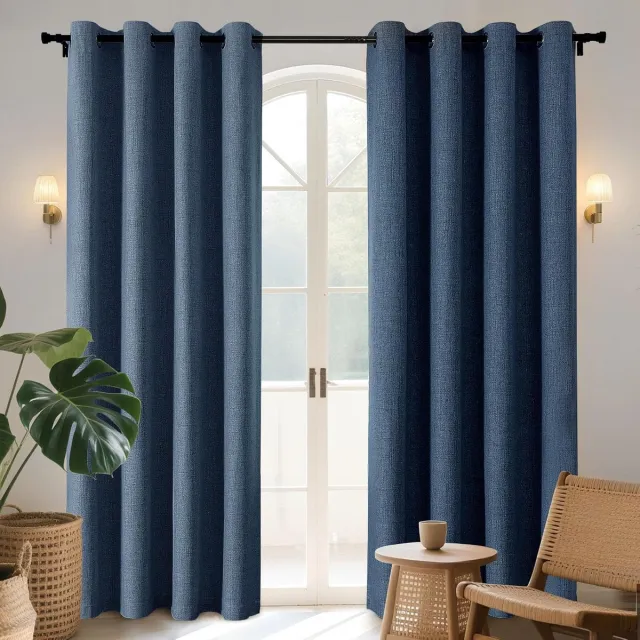 Famanu Verduisterende gordijnen 233 cm lang - 2 panelen burg - kamerverduisterende gordijnen voor slaapkamer - 100% verduisterende thermische gordijnen met textuur - privacybescherming - set met 2 panelen denimblauw