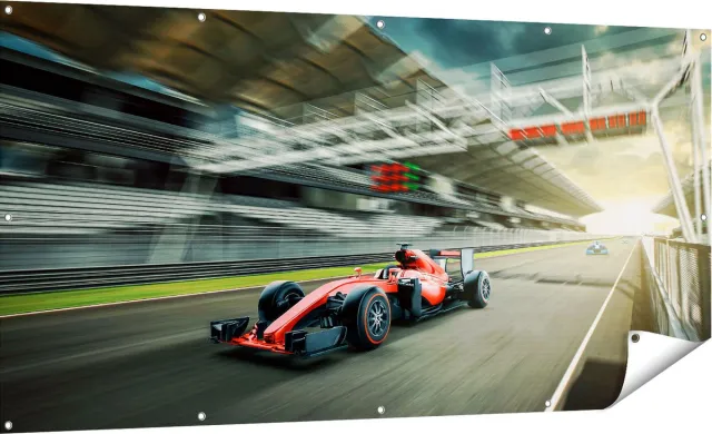 Gards Tuinposter Formule 1 Auto bij de Finish in het Rood - 180x90 cm - Tuindoek - Tuindecoratie - Wanddecoratie buiten - Tuinschilderij Multikleur