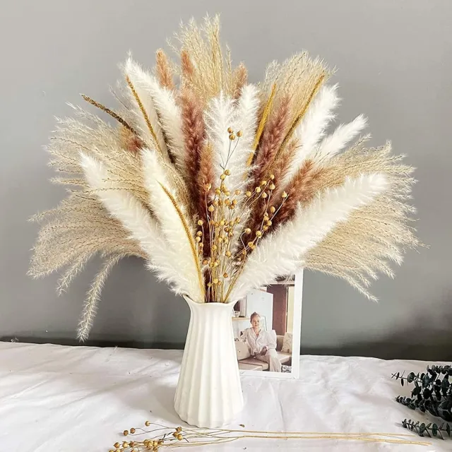 Famanu Pampasgras kunstbloemen set van 90 stuks, gedroogde planten look voor boho decoratie, vazen en bloemarrangementen Wit, Natuurlijk