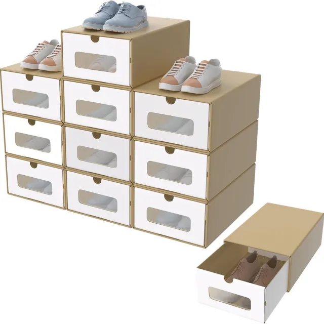Aufun ladekast opbergdoos 10-delige set met kijkvenster en lade schoenendoos schoenendoos kartonnen doos van kraftpapier schoenendoos, schoenendoos speelgoeddoos, 345x235x135mm Bruin Wit