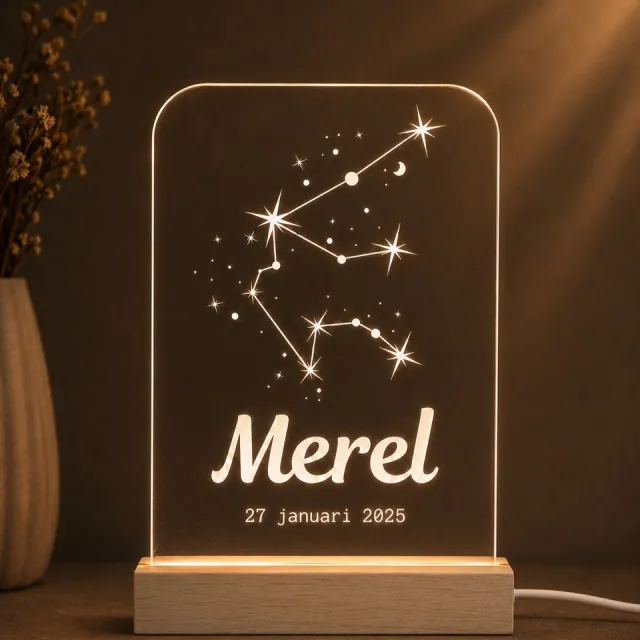 Laserloom Geboortelampje sterrenbeeld Waterman met Naam en Geboortedatum - Gepersonaliseerd LED Nachtlampje Hout - Kraamcadeau