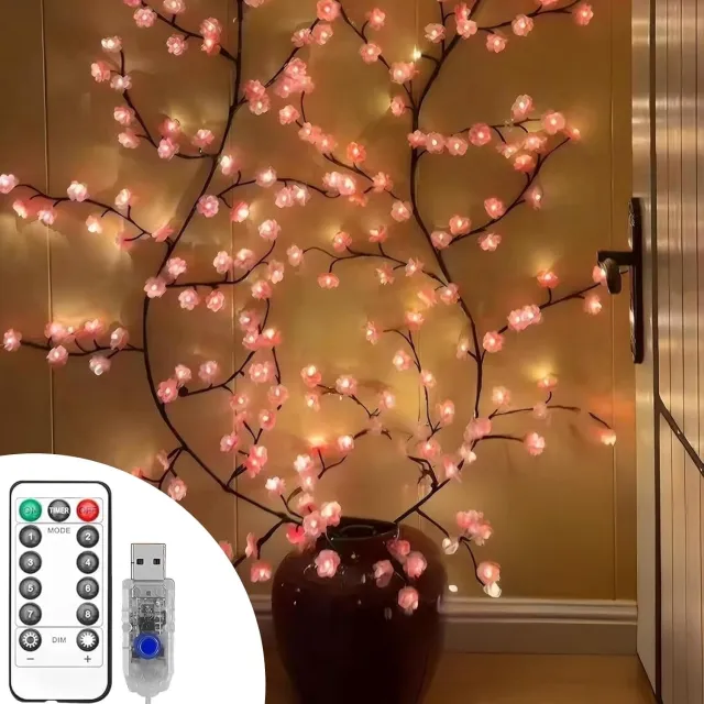 Mrilary Lichtsnoer met kersenbloesem - 1,6 m, 72 LED - takken verlichting met afstandsbediening, 8 modi, timer - kunsttakken lichtslinger voor binnen, slaapkamer decoratie - Feestverlichting