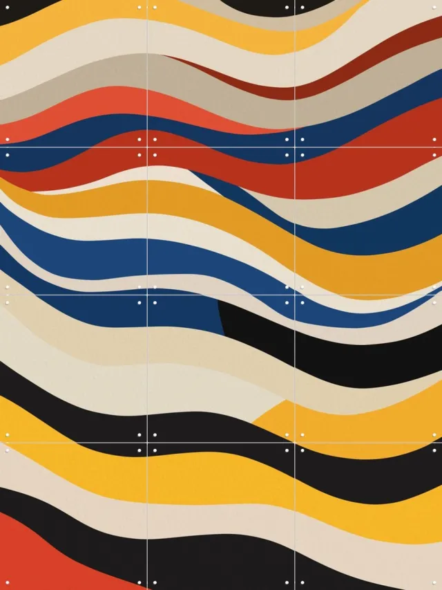 IXXI Bauhaus - Wavy stripes, Little Dean & Various - 60 x 80 cm - Grote wanddecoratie en posters - Strepen, Bauhaus, Grafisch Ontwerp, Kleurrijk Blauw / Zwart / Geel / Rood