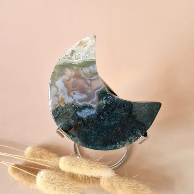 Moonlight Gemstones XL Edelsteen Mosagaat Maan op Standaard (Druzy & Patronen) #178 - 125gr