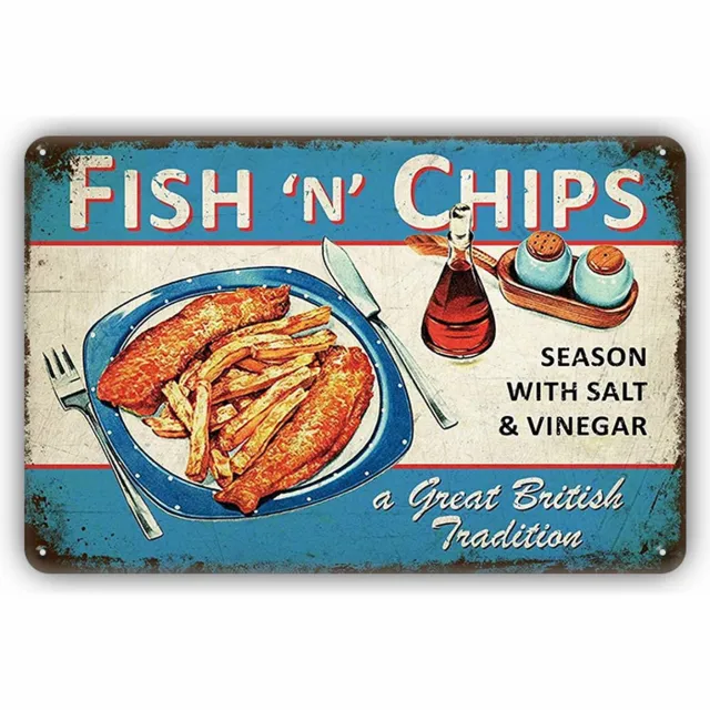 Vulders Trading Fish 'n' Chips Metalen Wandbord 20x30cm – Vis Restaurant Tekstbord – Keuken Café Horeca Decoratie – Vintage Retro Wanddecoratie Multi Colour