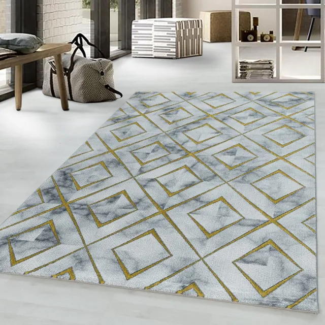 Adana Carpets Laagpolig vloerkleed, marmerdesign, goudkleurig, woonkamerkleed, jute achterkant, afmeting: 140 x 200 cm