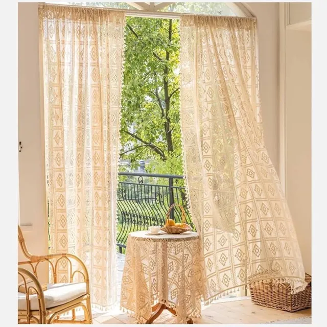 Unyqoos ® Charmante Boho Gordijnen Set van 2 - Vintage Stijl, Gebreid met Kwastjes voor Elegante Interieurs beige