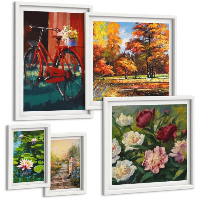 TULUP 4-Delige Schilderij Set - Bloemrijke inspiratie met een fiets en pittoreske landschappen - 50 x 50 cm, 20 x 30 cm en 40 x 60 cm - Wanddecoratie - Schilderijen Set - Kantoor - Moderne Wanddecoratie Witte lijst