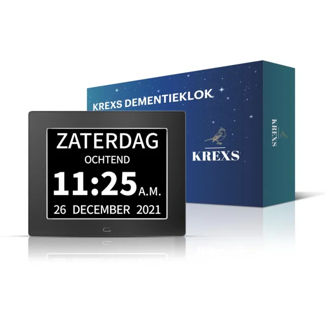 Krexs Dementieklok – Seniorenklok - Alzheimer Klok - Digitale Klok Slaapkamer - Dementieklokken Digitaal - Zwart