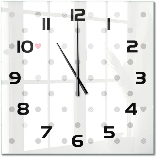 TULUP Wandklok - Stippen en harten Decoratieve Glazen Klok - 60x60 cm - Grijs Glazen Wandklok Design - Zwarte handen - Vierkante Klok - Glazen Klok Met Print - Wandklok Glas Met Motief