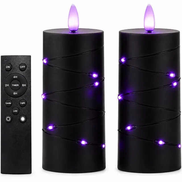 SWGOTA led kaarsen, 2 stuks per doos, zwart met paars licht en een lichtsnoer rond de buitenkant, inclusief grote afstandsbediening