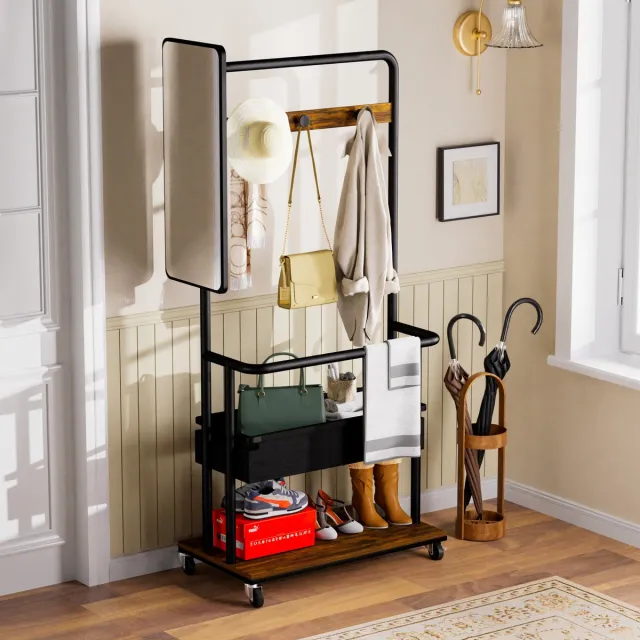 STILVORA Kledingrek Multifunctioneel – 70 x 40 x 170 cm – Staal En Spaanplaat – Zwart Bruin – Met Spiegel, Opbergtas En Wielen Zwart, Bruin