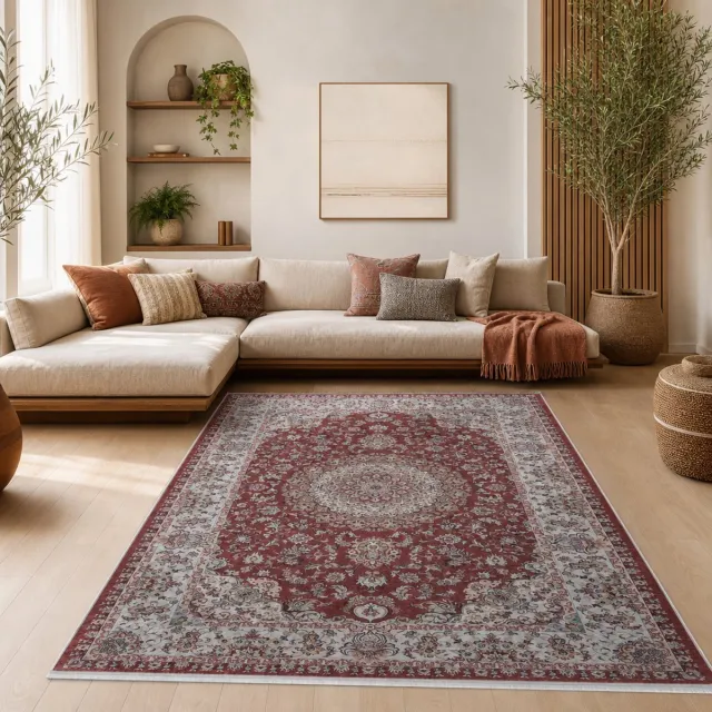 Muratap Star Klassiek Oosters Vloerkleed Wasbaar Anti Slip Rood Creme- 80x150 CM