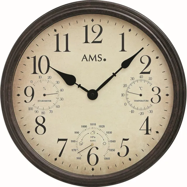AMS W9463 - Wandklok - Analoog - Temperatuur - Vochtigheid - Luchtdruk - Metaal - Mineraal glas - Bruin