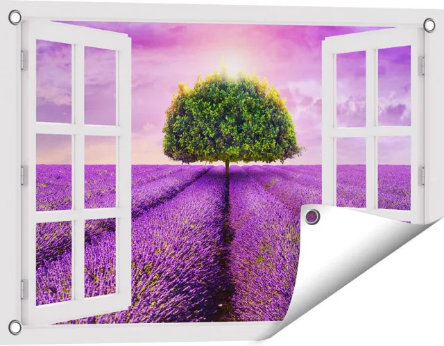 Gards Tuinposter Doorkijk Groene Boom in de Lavendel Bloemen - 60x40 cm - Tuindoek - Tuindecoratie - Wanddecoratie buiten - Tuinschilderij Wit