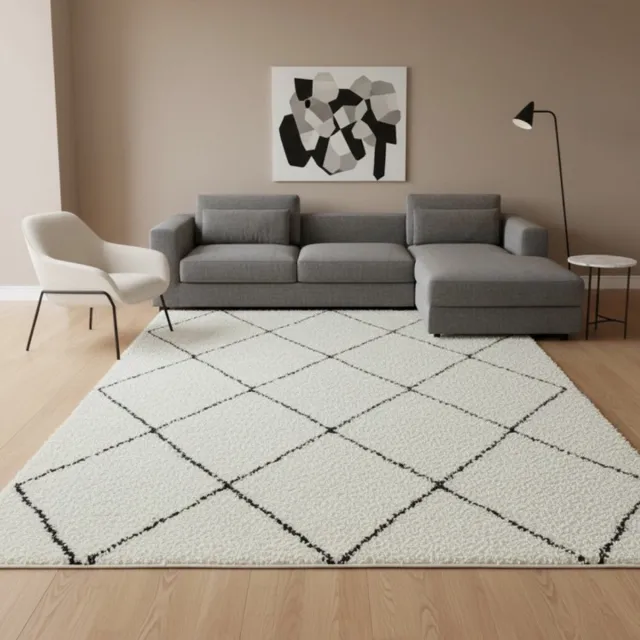 TapisTrend Harig tapijt Wit-Zwart 80x150 cm Hoogpolig vloerkleed met een groot ruitpatroon voor de woonkamer, slaapkamer en ontspanningsruimte