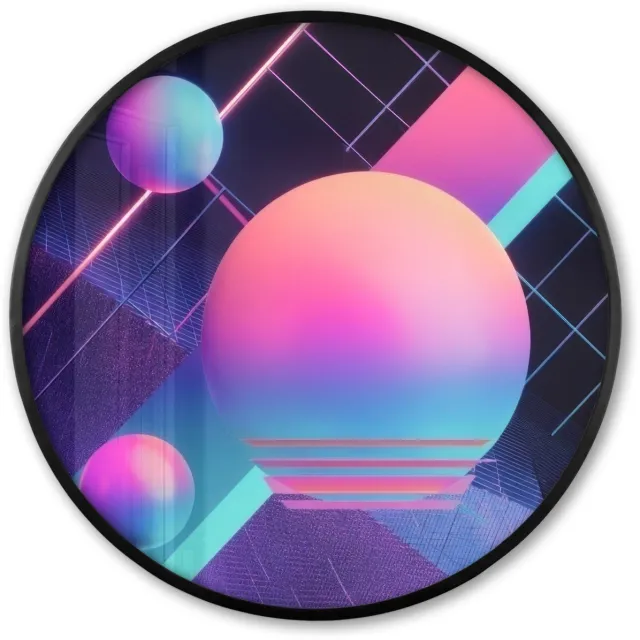 FrameYourWall Poster in lijst Rond - Fotolijst 80x80 cm - Posters - Cirkels - Vlakken - Abstract - Blauw - Ronde posterlijst zwart - Decoratie - Wanddecoratie woonkamer - Muurdecoratie slaapkamer Cirkels - Neon