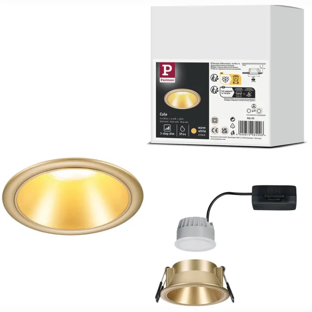 Paulmann LED-inbouwlamp 3-Step-Dim Cole Coin Set van 1 IP44 rond 88 mm Coin 6W 470lm 230V dimbaar 2700K Goud mat