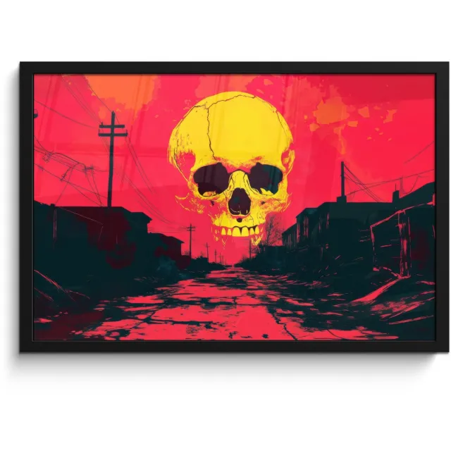 FrameYourWall Poster in lijst - Fotolijst 60x40 cm - Posters - Straat - Verlaten - Schedel - Geel - Posterlijst zwart - Decoratie - Wanddecoratie woonkamer - Muurdecoratie slaapkamer Schedel - Straat