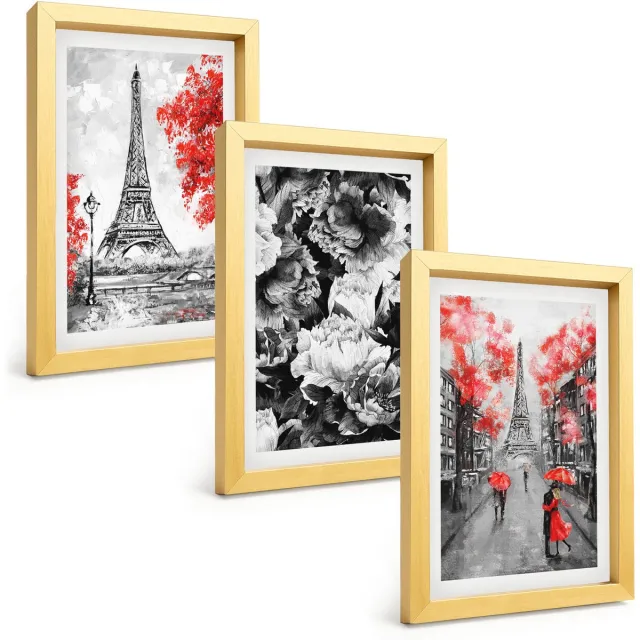 TULUP 4-Delige Schilderij Set - Eiffeltoren in grijs met rode accenten - 20 x 30 cm - Muurdecoratie - Interieur Decoratie - Wanddecoratie Gouden lijst