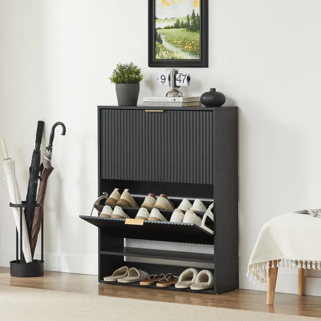 MIVRAY Schoenenkast - Smal Model Met Kipdeuren En Verstelbare Planken - Voor Hal En Entree - Spaanplaat En Metaal - Zwart - 80x24x102 Cm