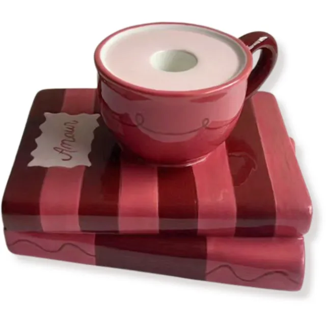 Housevitamin Kandelaar - Kopje op stapel boeken - Rood/Roze - Dolomiet - 16,5x13,5x9,5cm
