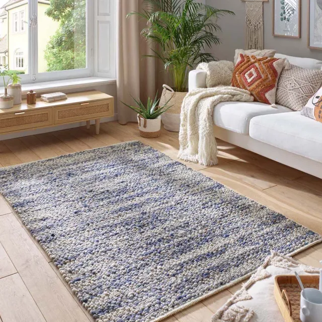 Tapeso Wollen vloerkleed - Ursule blauw/crème 130x190