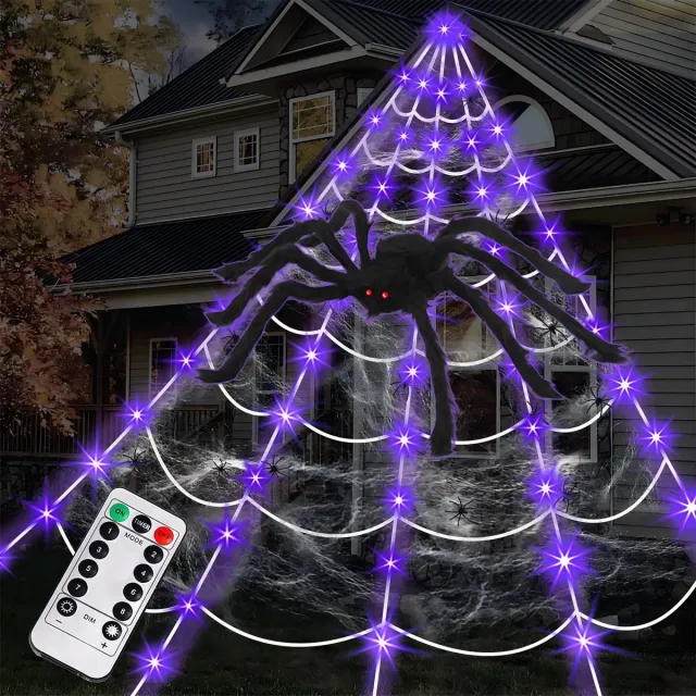 Namajunas Halloween Decoratie - Halloween lichtsnoer 5M Spinnenweb - Met Groot Spin 90CM & 20 Stuks Plastic Spin - Met Nep Spinnenweb - 125 LED Verlichting met 8 standen - Met Afstandsbediening - Halloween - Halloween Verlichting Lichtsnoer Buiten