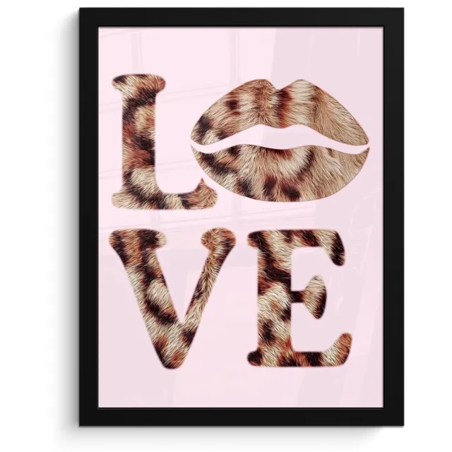 FrameYourWall Poster in lijst - Fotolijst 30x40 cm - Posters - Tekst - Love - Pantervacht - Lichtroze - Posterlijst zwart - Decoratie - Wanddecoratie woonkamer - Muurdecoratie slaapkamer