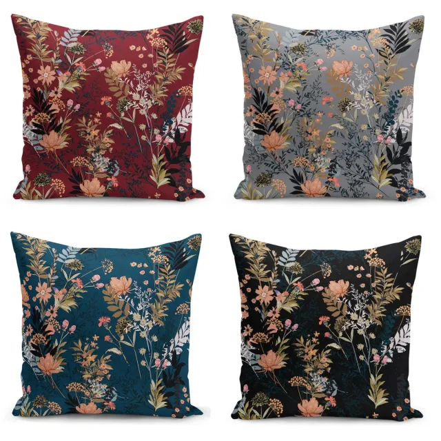 De Groen Home Velvet Kussenhoesjes - kussenhoes set van 4 - 50x50 - Bloemen - Aan beide zijdig bedrukt Bordeaux