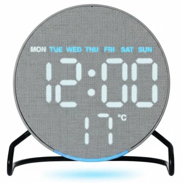 longziming Digitale Wekker - Houtenlook Tafelklok - LED-display met Tijd, Weekdag en Temperatuur - Blauwe Sfeerverlichting - Grijs - 11 x 11 x 3,5 cm