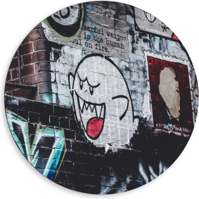 KuijsFotoprint Dibond Wandcirkel - Muur versierd met Graffiti - 80x80cm Foto op Aluminium Wandcirkel (met ophangsysteem) Blauw