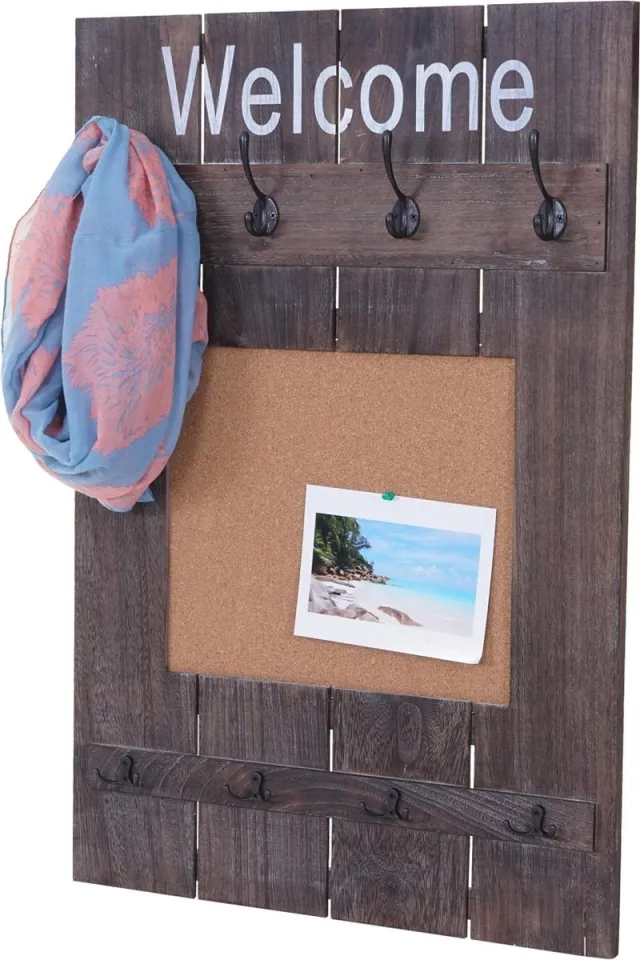 Cosmo Casa andkapstok - Met prikbord - Kledingkastpaneel - Shabby look vintage - 8 haken 91x60cm - Bruin - Shabby