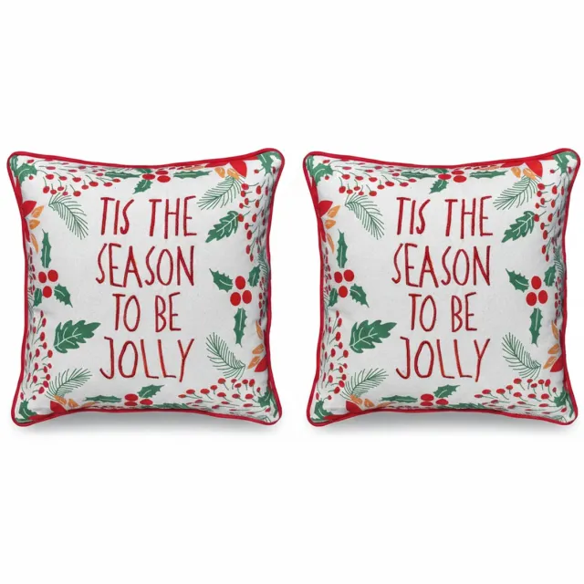 Urbane Hide Kerstkussen Set van 2 Kussenhoezen - Kerst Kussenhoes - Kussenhoesjes Vierkant - Kerstkussens met Tis the Season to Be Jolly Borduursel - 45x45 cm - Katoen - Voor Binnen - Wit/Rood Kersttekst