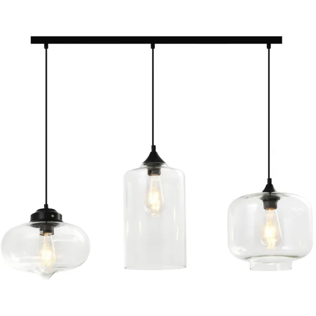 QUVIO Hanglamp retro - 3 lichtspunt - 3 verschillende glazen kappen - 80 x 26 cm Zwart