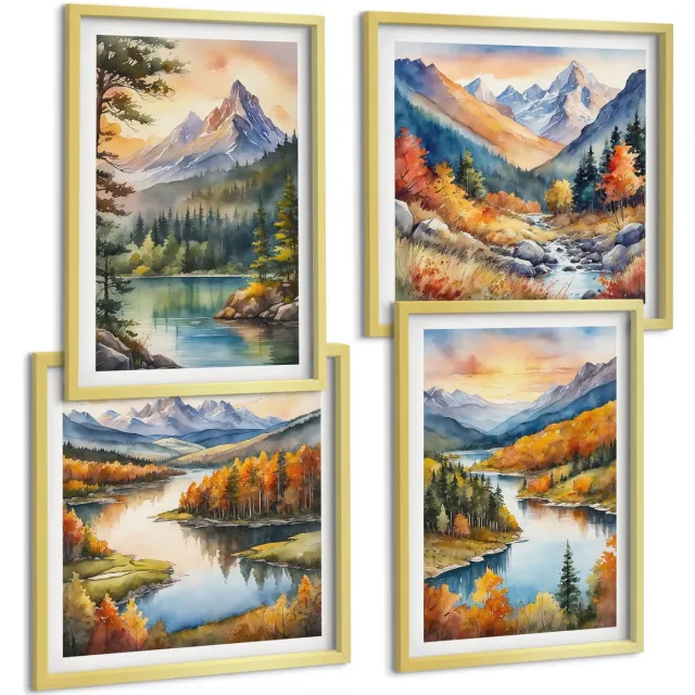 TULUP 4-Delige Schilderij Set - Berglandschappen met een rivier en kleurrijke bomen - 40 x 40 cm en 40 x 60 cm - Stijlvolle Muurdecoratie - Slaapkamer - Woonkamer Decoratie Gouden lijst