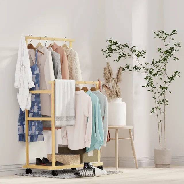 Unho Bamboe Kledingrek met Wieltjes – Dubbele Hangstang – Met Schoenenrek & Broekenrek – Stabiel Garderoberek – 80×40×160 cm – Natuur Natuurlijk