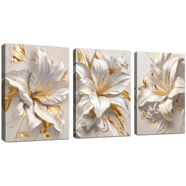 Ibenzoa Exclusieve Set van 3 Canvas Schilderijen met Gouden Lelies voor Woon- en Slaapkamerdecoratie wit