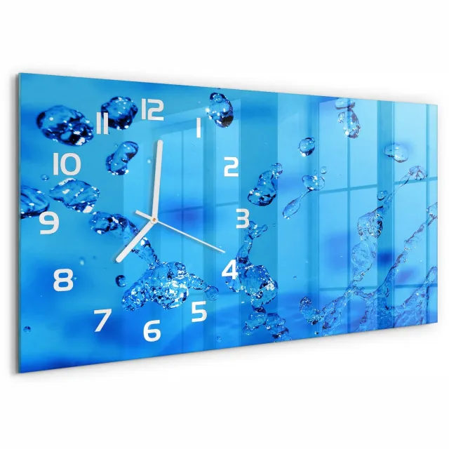 TULUP Wandklok - Waterdruppels Wandklok Glas Met Motief - 60x30 cm - Blauw Decoratieve Glazen Klok - Witte handen - Rechthoekige Klok - Gekleurde Glazen Klok - Glazen Klok Met Print